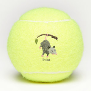Cute grappige opossum aan de cartoon van de tak tennisballen