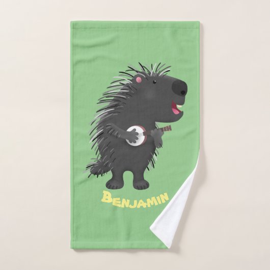 Cute grappige porcupine die banjo-cartoon speelt bad handdoek (Handdoek)