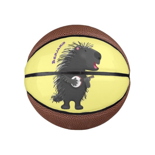Cute grappige porcupine die banjo-cartoon speelt basketbal (Voorkant)