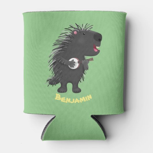 Cute grappige porcupine die banjo-cartoon speelt blikjeskoeler (Voorkant)