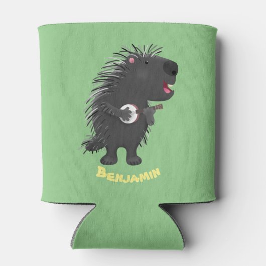 Cute grappige porcupine die banjo-cartoon speelt blikjeskoeler (Achterkant)