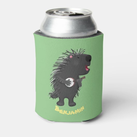 Cute grappige porcupine die banjo-cartoon speelt blikjeskoeler (Blikje Achterkant)