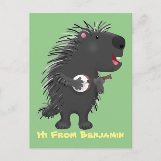 Cute grappige porcupine die banjo-cartoon speelt briefkaart (Voorkant)
