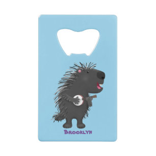 Cute grappige porcupine die banjo-cartoon speelt creditkaart flessenopener