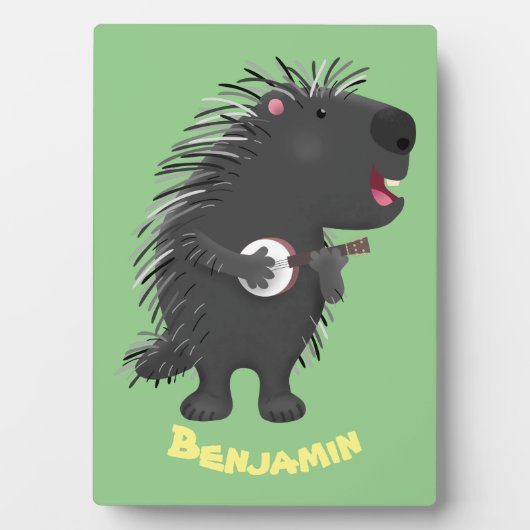 Cute grappige porcupine die banjo-cartoon speelt fotoplaat (voorkant)