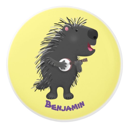Cute grappige porcupine die banjo-cartoon speelt keramische knop (Voorkant)