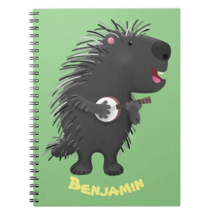Cute grappige porcupine die banjo-cartoon speelt notitieboek