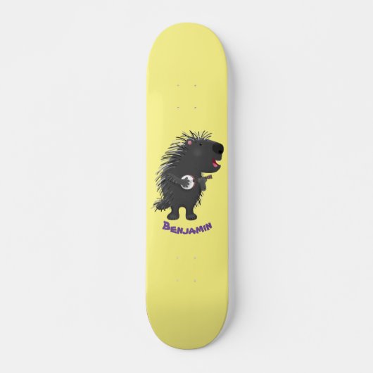 Cute grappige porcupine die banjo-cartoon speelt persoonlijk skateboard (Voorkant)