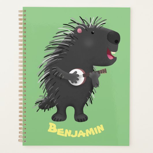 Cute grappige porcupine die banjo-cartoon speelt planner (Voorkant)