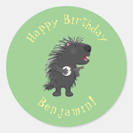 Cute grappige porcupine die banjo-cartoon speelt ronde sticker (Voorkant)