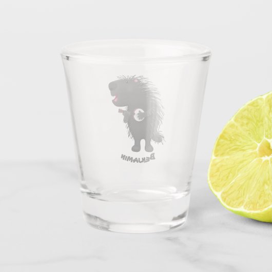 Cute grappige porcupine die banjo-cartoon speelt shot glas (Achterkant)