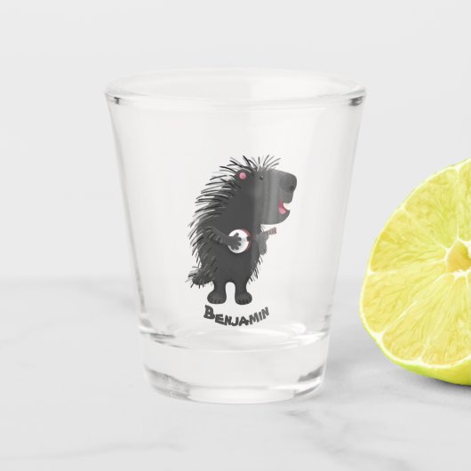 Cute grappige porcupine die banjo-cartoon speelt shot glas (Voorkant)