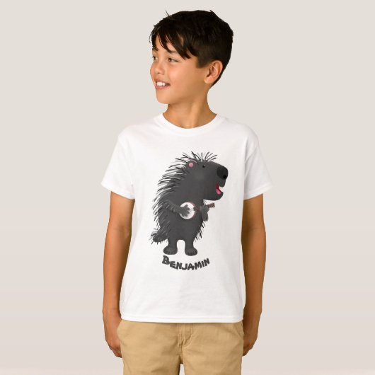 Cute grappige porcupine die banjo-cartoon speelt t-shirt (Voorkant volledig)