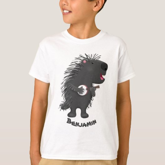 Cute grappige porcupine die banjo-cartoon speelt t-shirt (Voorkant)