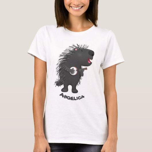 Cute grappige porcupine die banjo-cartoon speelt t-shirt (Voorkant)
