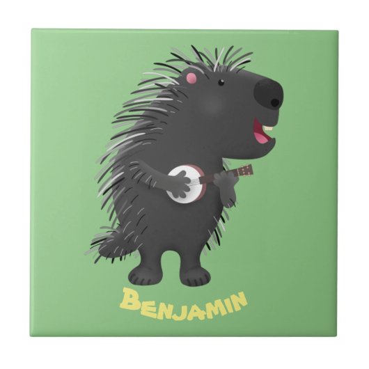 Cute grappige porcupine die banjo-cartoon speelt tegeltje (Voorkant)