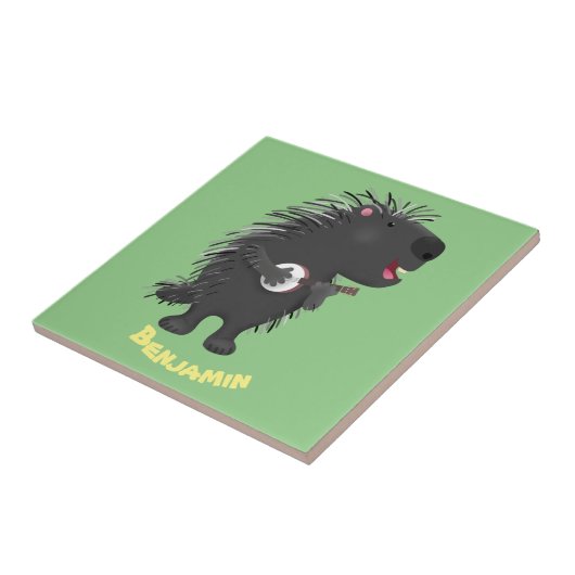 Cute grappige porcupine die banjo-cartoon speelt tegeltje (Zijkant)