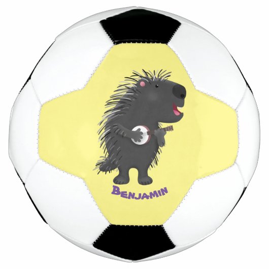 Cute grappige porcupine die banjo-cartoon speelt voetbal (Voorkant)