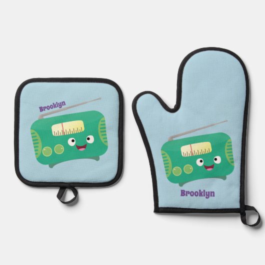 Cute grappige retro radio cartoon ovenwant & pannenlap set (Voorkant)