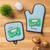 Cute grappige retro radio cartoon ovenwant & pannenlap set (Top down)