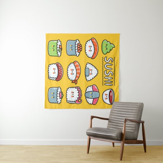 Cute grappige sushi maki rolt naadloos cartoon wandkleed (In Situ (horizontaal))