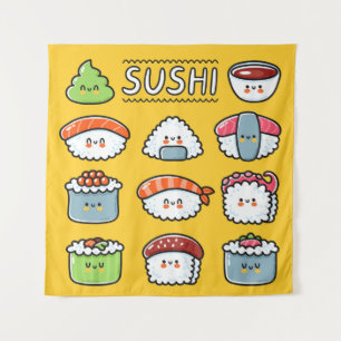 Cute grappige sushi maki rolt naadloos cartoon wandkleed