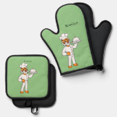 Cute grappige tijgerkok cartoon illustratie ovenwant & pannenlap set (Voorkant / Achterkant)
