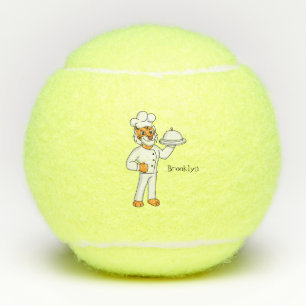 Cute grappige tijgerkok cartoon illustratie tennisballen