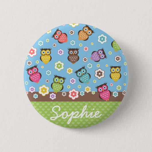 Cute grappige trendy owls en bloesem ronde button 5,7 cm (Voorkant)