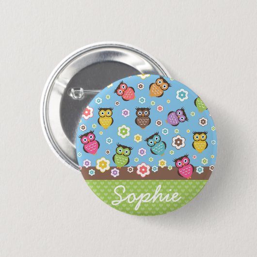 Cute grappige trendy owls en bloesem ronde button 5,7 cm (Voorkant /achterkant)