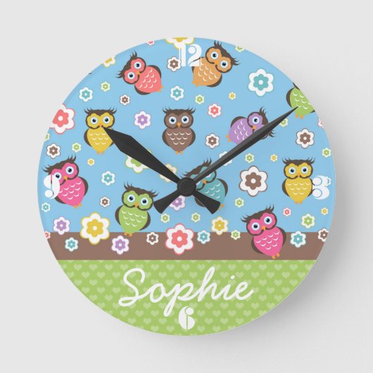 Cute grappige trendy owls en bloesem ronde klok (Voorkant)