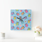 Cute grappige trendy owls en bloesem vierkante klok (Huis)