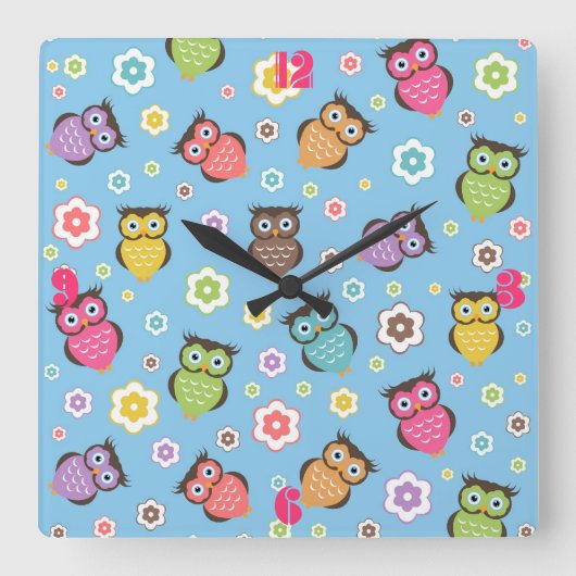 Cute grappige trendy owls en bloesem vierkante klok (Voorkant)