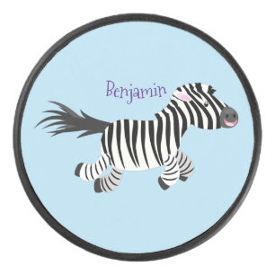 Cute grappige zebra lopende illustratie van cartoo hockey puck