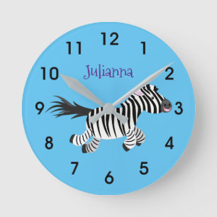Cute grappige zebra lopende illustratie van cartoo ronde klok