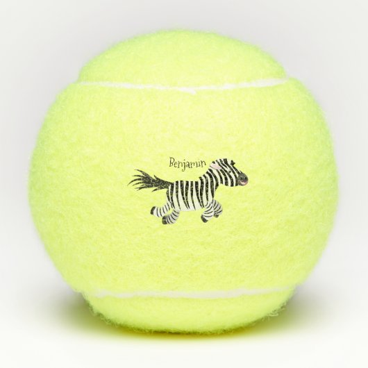 Cute grappige zebra lopende illustratie van cartoo tennisballen (Voorkant)