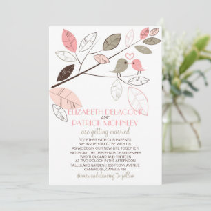 Cute Gray and Pink Lovebird Wedding Invitation Kaart