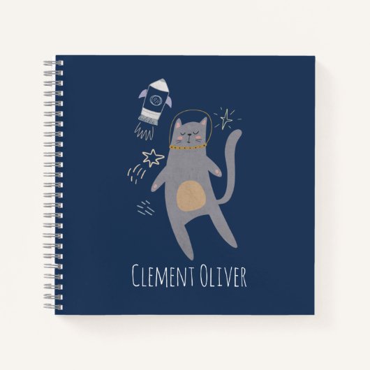 Cute Gray Astronaut Cat Custom Name Notitieboek (Voorkant)