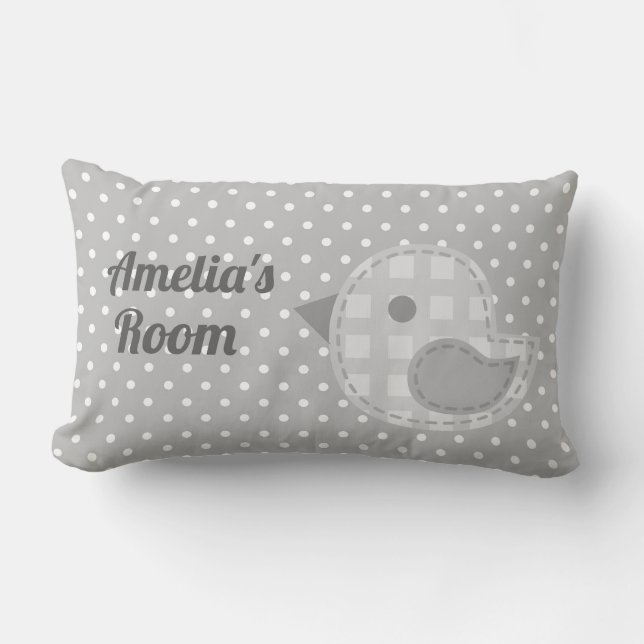 Cute Gray Baby Bird and Polka Dot Personalized Kussen (Voorkant)
