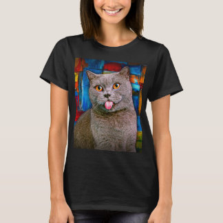 Cute Gray British Shorthair Cat Portrait Painting T-shirt