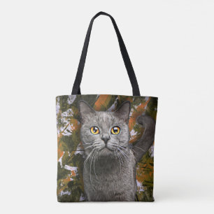 Cute Gray British Shorthair Cat Portrait Painting Tote Bag