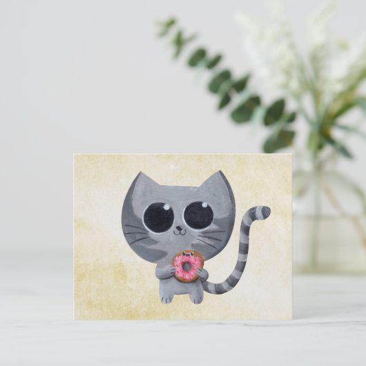 Cute Gray Cat en Donut Briefkaart (Staand voorkant)