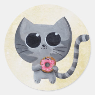 Cute Gray Cat en Donut Ronde Sticker
