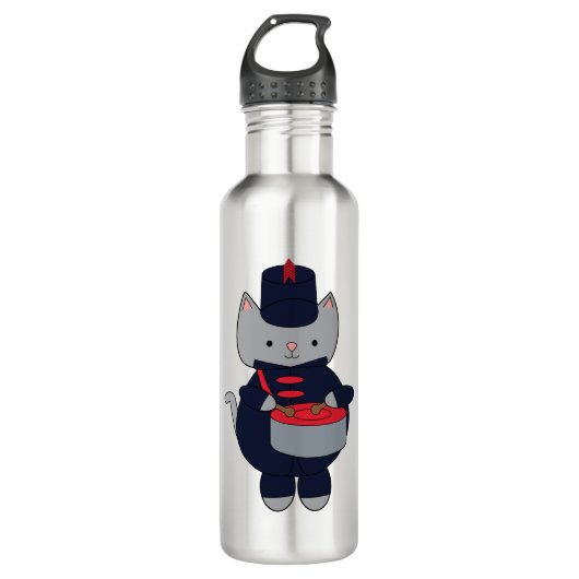 Cute Gray Cat Marching Band Uniform Playing Drum Waterfles (Voorkant)