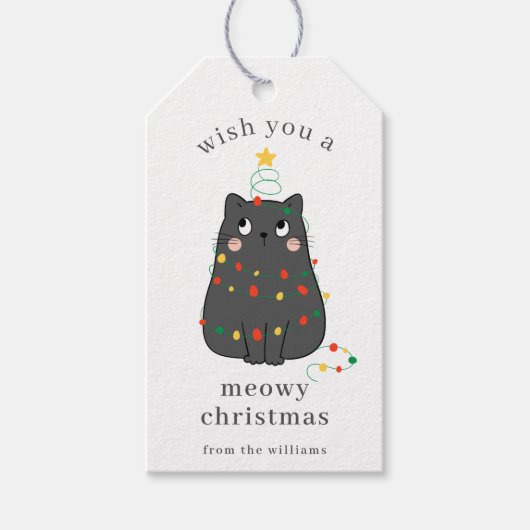 Cute Gray Cat Meowy Christmas Custom Holiday Cadeaulabel (Voorkant)
