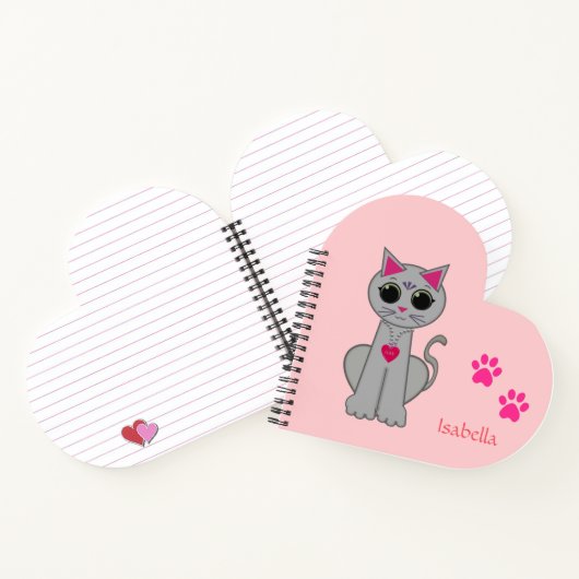 Cute Gray Cat & Name Calligraphy on Pink Notitieboek (Binnen)