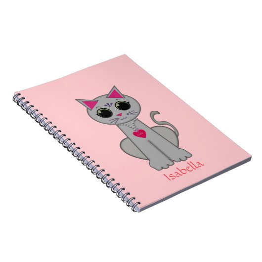 Cute Gray Cat & Name Calligraphy on Pink Notitieboek (Rechterzijde)