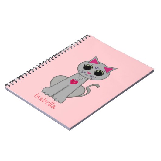 Cute Gray Cat & Name Calligraphy on Pink Notitieboek (Linkerzijde)