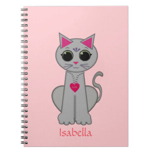 Cute Gray Cat & Name Calligraphy on Pink Notitieboek