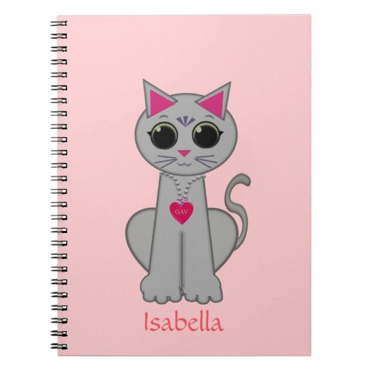 Cute Gray Cat & Name Calligraphy on Pink Notitieboek (Voorkant)